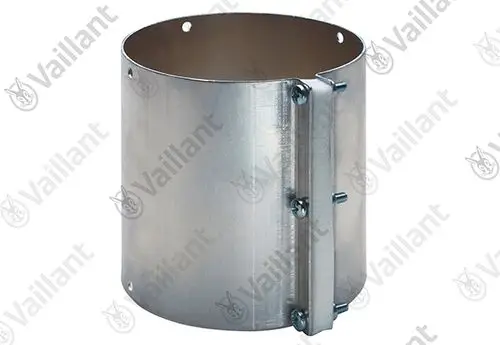 Metallische halbrunde Verbindungsschelle von Vaillant, mit Schrauben und einer stabilen Kante, für die Montage in Heizsystemen.